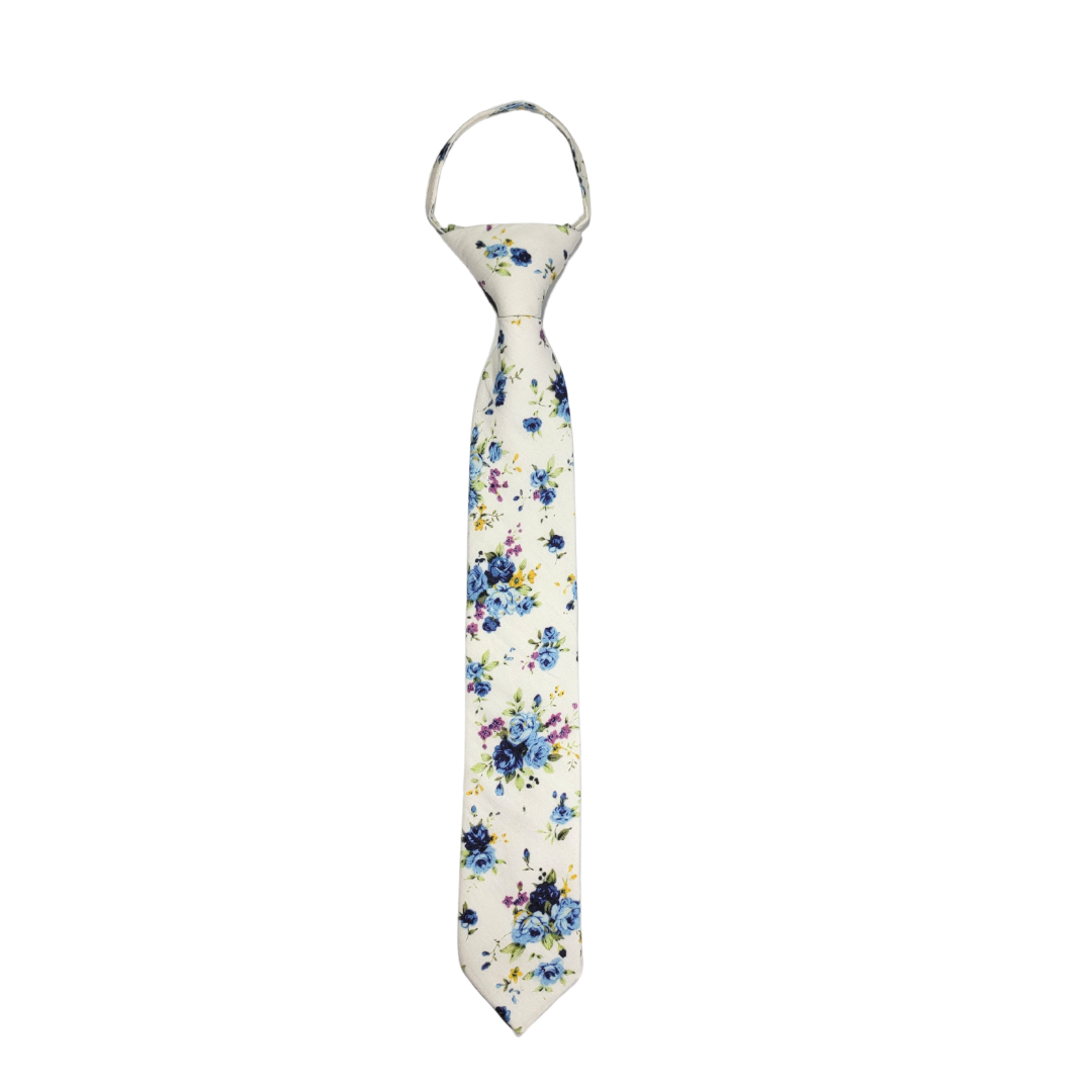 White with Blue Floral Zipper Tie. Blue and violet flower tie. Matching Ties in all sizes Zipper Ties