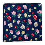 Load image into Gallery viewer, Navy blue floral pocket square with red, cream, and pink flower pattern
