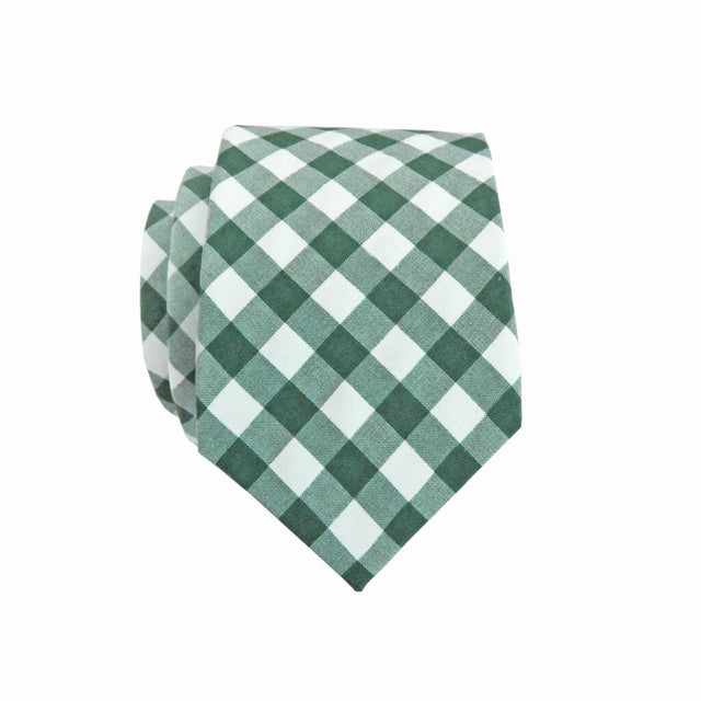 Green and white checkered plaid necktie on white background