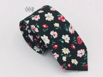 Load image into Gallery viewer, Black floral necktie with pink, red, and cream flowers on white background, style 002
