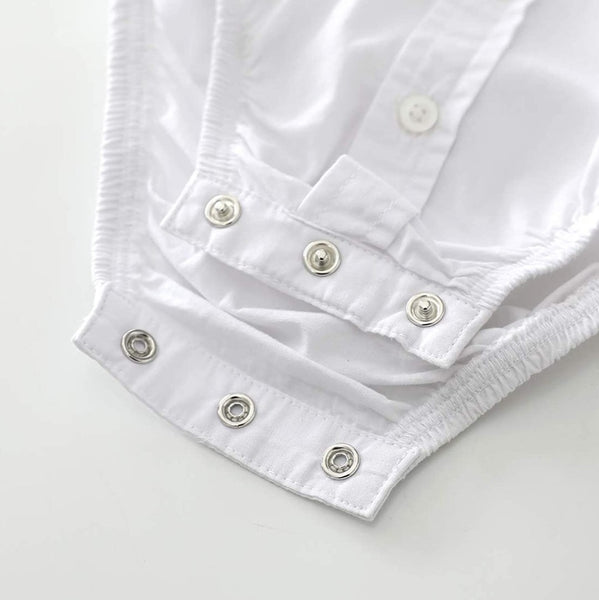 infant white dress shirt onesie White linen baby button down bodysuit, Classic formal boy romper with long sleeves, Toddler collared oxford dress shirt with front pocket
